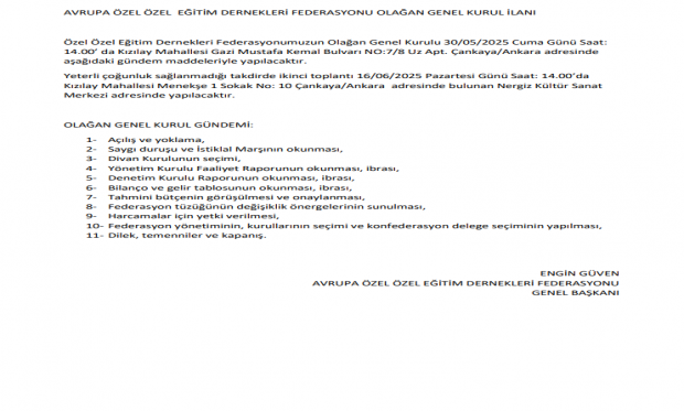 AVRUPA ÖZEL ÖZEL  EĞİTİM DERNEKLERİ FEDERASYONU OLAĞAN GENEL KURULU